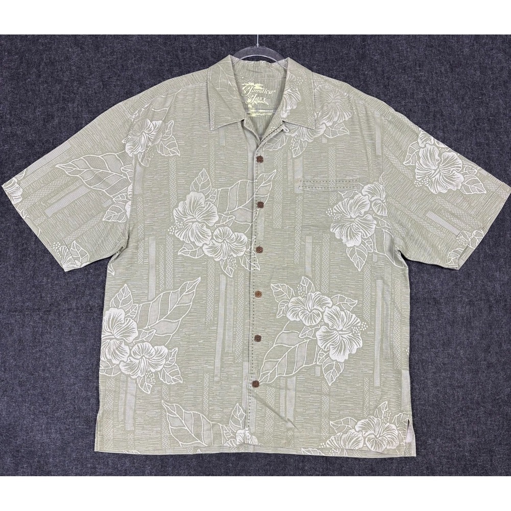 Jamaica Jaxx Silk Hawaiian Shirt Mens XL Sage Green Hibiscus Aloha Resort